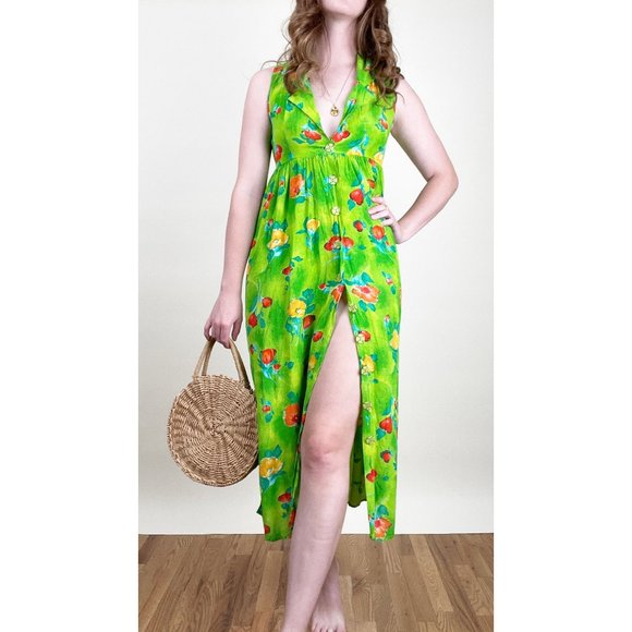 Vintage USA Button Down Floral Midi Dress Boho Slip Hippie Tropical White Lotus - Picture 2 of 6